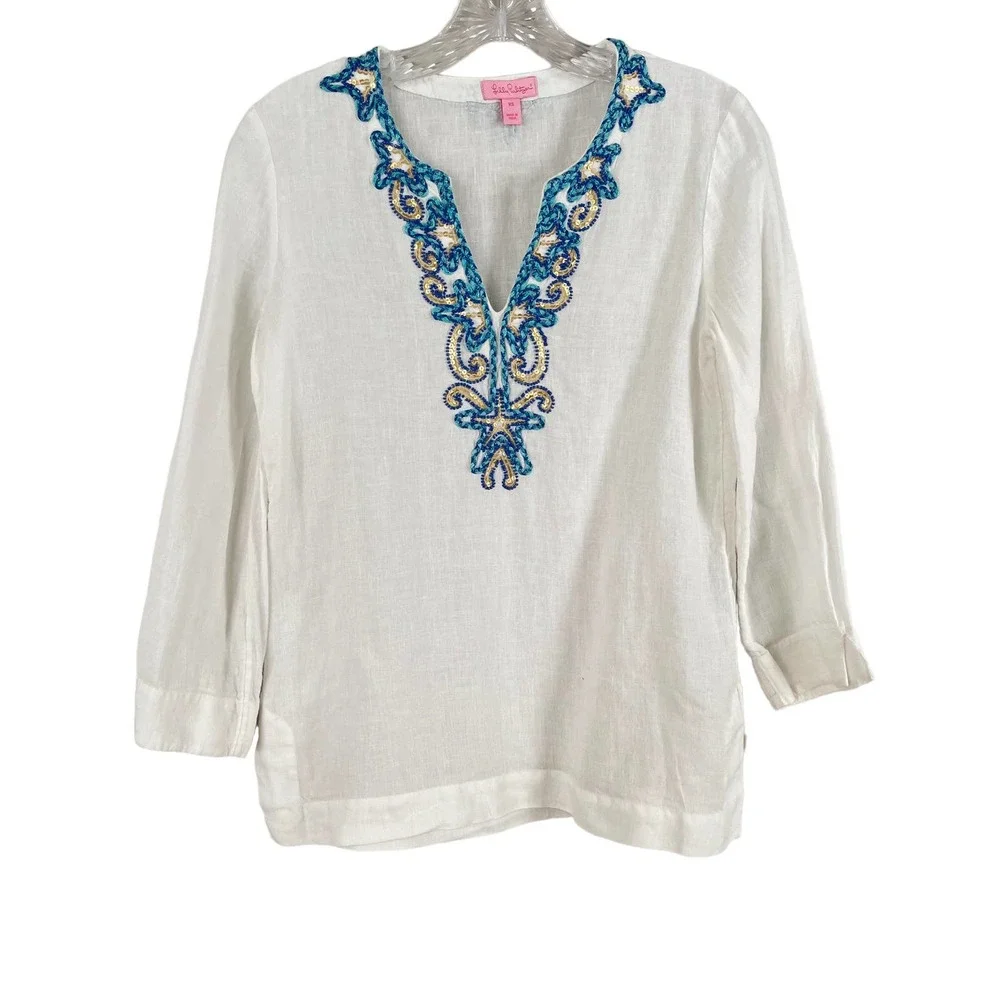 Lilly Pulitzer Amelia Island Linen Embroidered Tunic Top Women Size XS - Picture 6 of 16